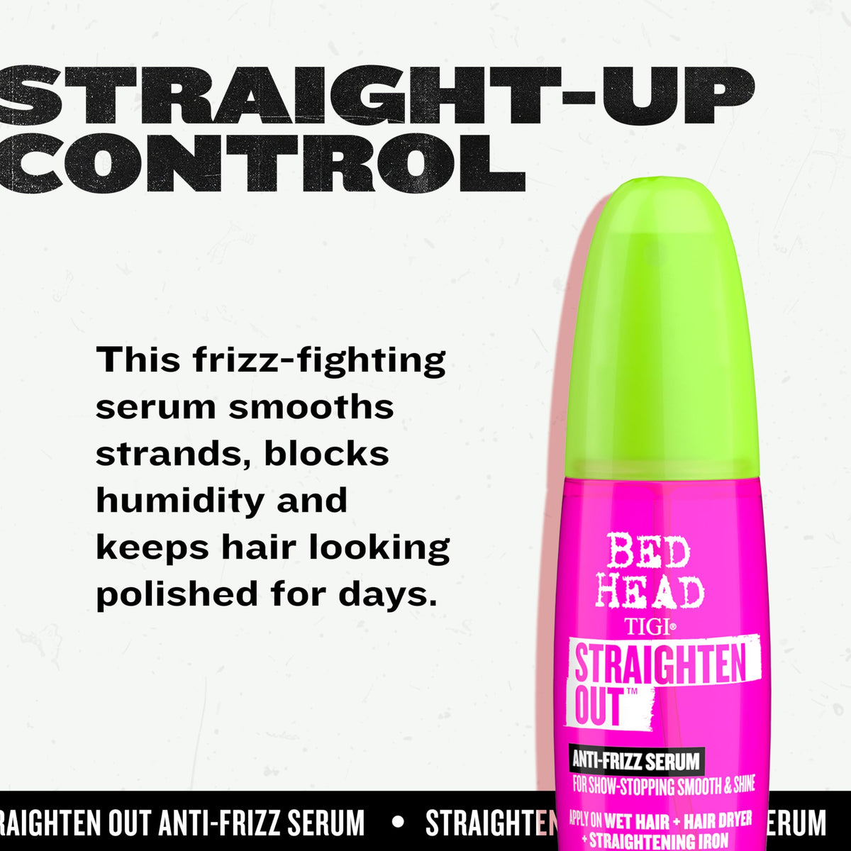 TIGI Bed Head applying serum to damp hair to show even distribution and frizz control benefit