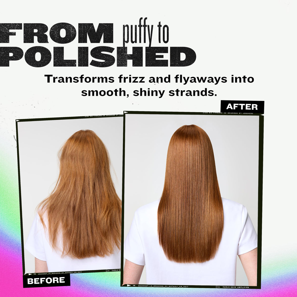 TIGI Bed Head blow-dry styling image showing sleek hair result and long-lasting smoothness benefit