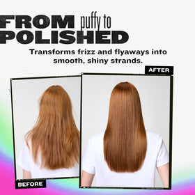 TIGI Bed Head blow-dry styling image showing sleek hair result and long-lasting smoothness benefit