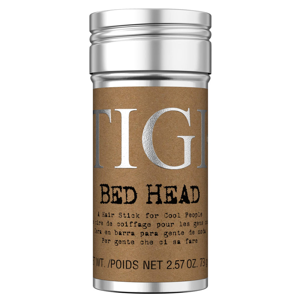 TIGI Bed Head front packaging showing compact wax stick and branding benefit: portable styling