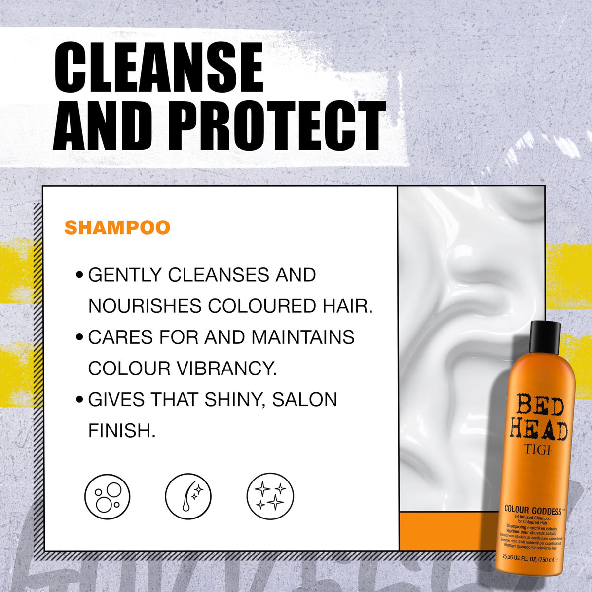 TIGI Colour Goddess shampoo and conditioner in shower demonstrating easy application