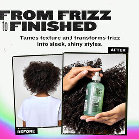 TIGI Control Freak before and after hair comparison, emphasizes frizz reduction and shine benefit