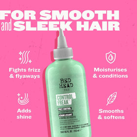 TIGI Control Freak clear serum texture close-up, shows lightweight non-greasy finish benefit