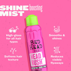 TIGI Bed Head misting over hair showing even application and shine benefit