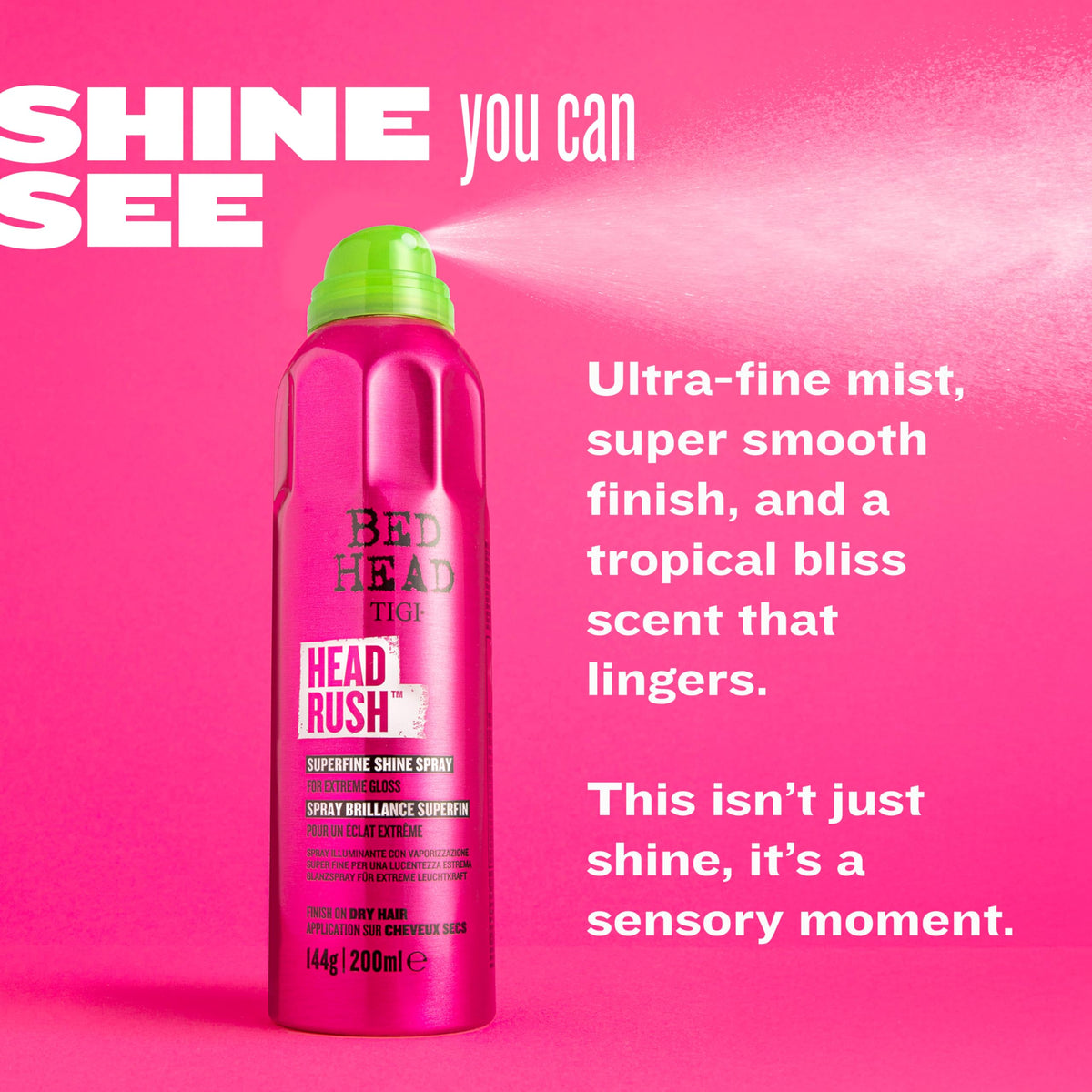 TIGI Bed Head close-up hair strand reflecting light to show high-gloss benefit