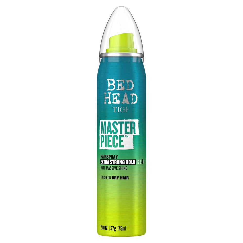 TIGI Masterpiece front view showing compact travel hairspray and branding for easy packing