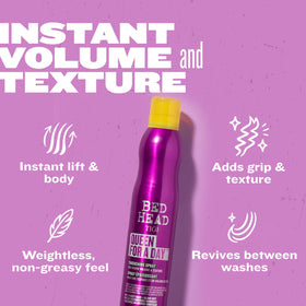 TIGI bottle emitting fine mist to demonstrate even volumizing coverage
