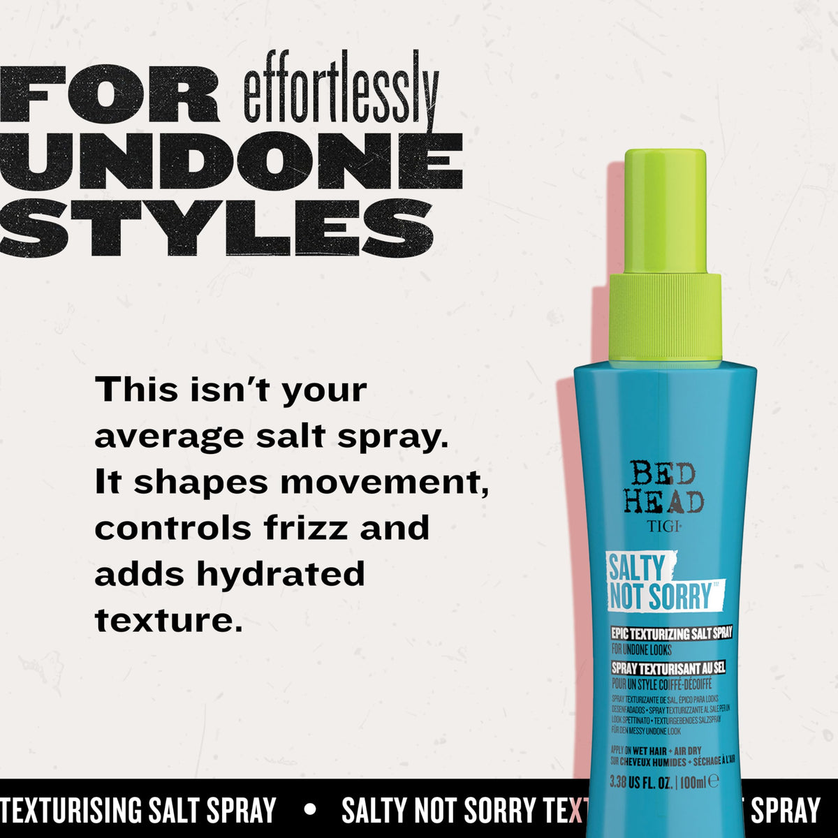 TIGI model with beachy waves demonstrating product-created tousled look