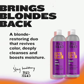 TIGI Serial Blonde shampoo and conditioner staged in a bathroom for salon look