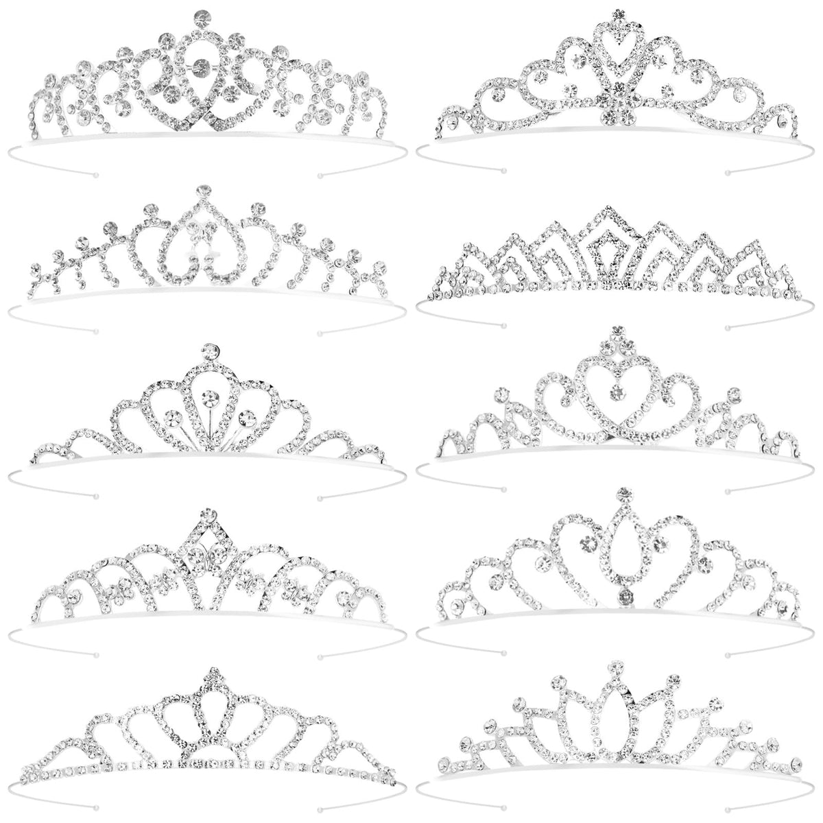 Tihebax front view of ten small silver tiaras showing variety and instant party-ready sparkle