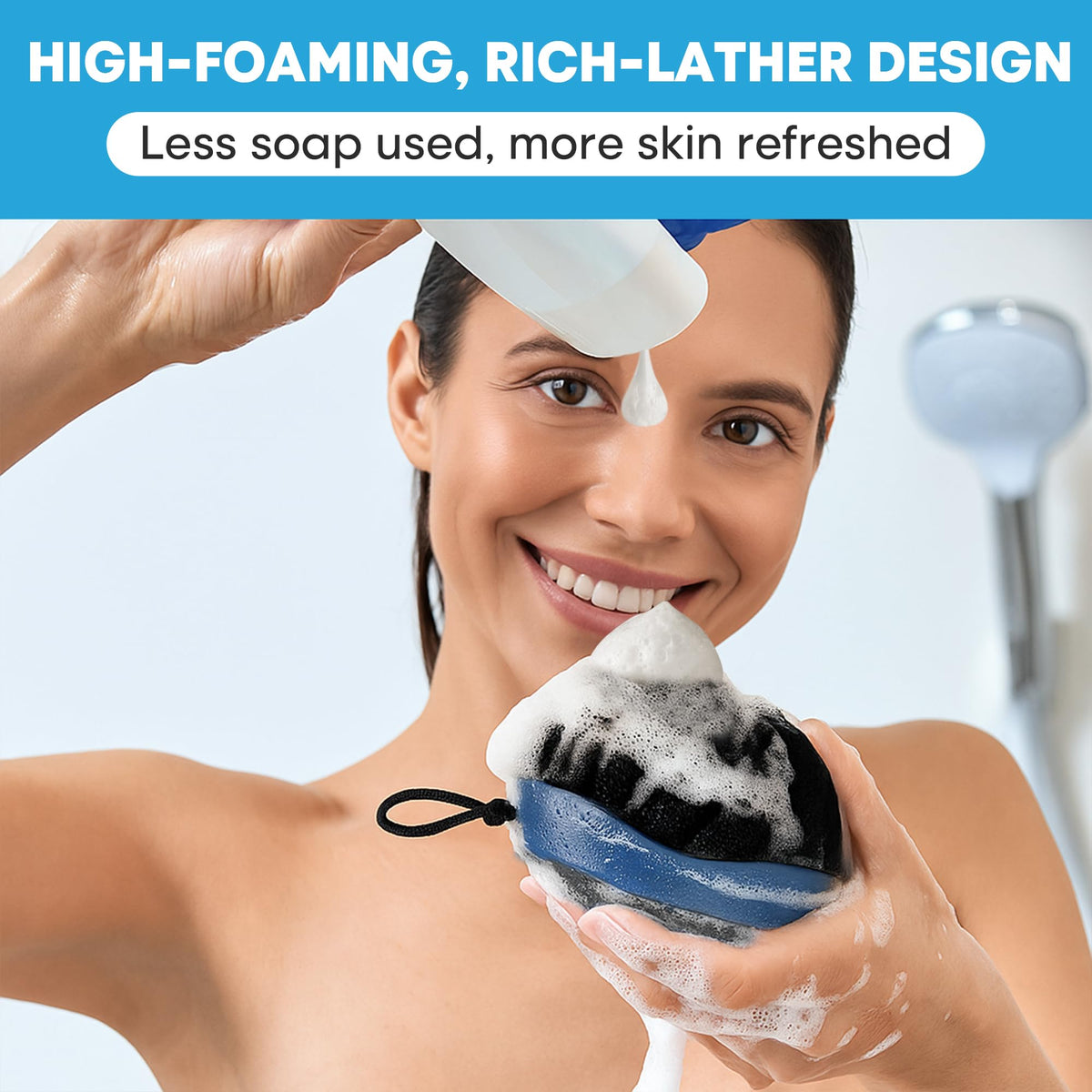 Tilcare scrubber held in wet hand showing non-slip grip for safer shower use