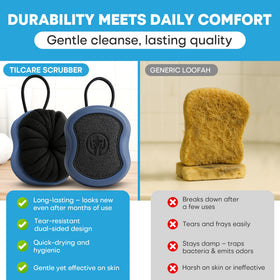 Tilcare scrubber next to toiletries to show compact size and travel convenience