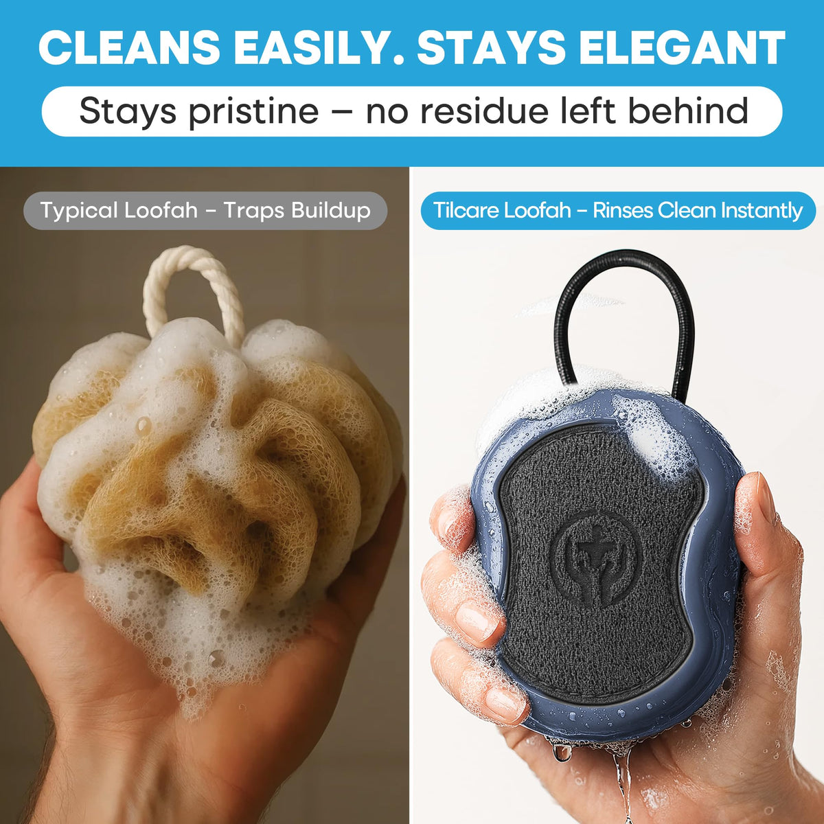 Tilcare scrubber used on elbow showing texture removing dry skin for smoother finish
