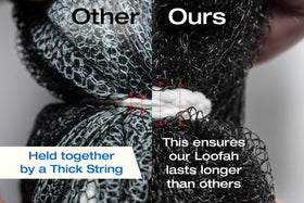 Tilcare loofah in hand for scale demonstrating XXL coverage and easy grip