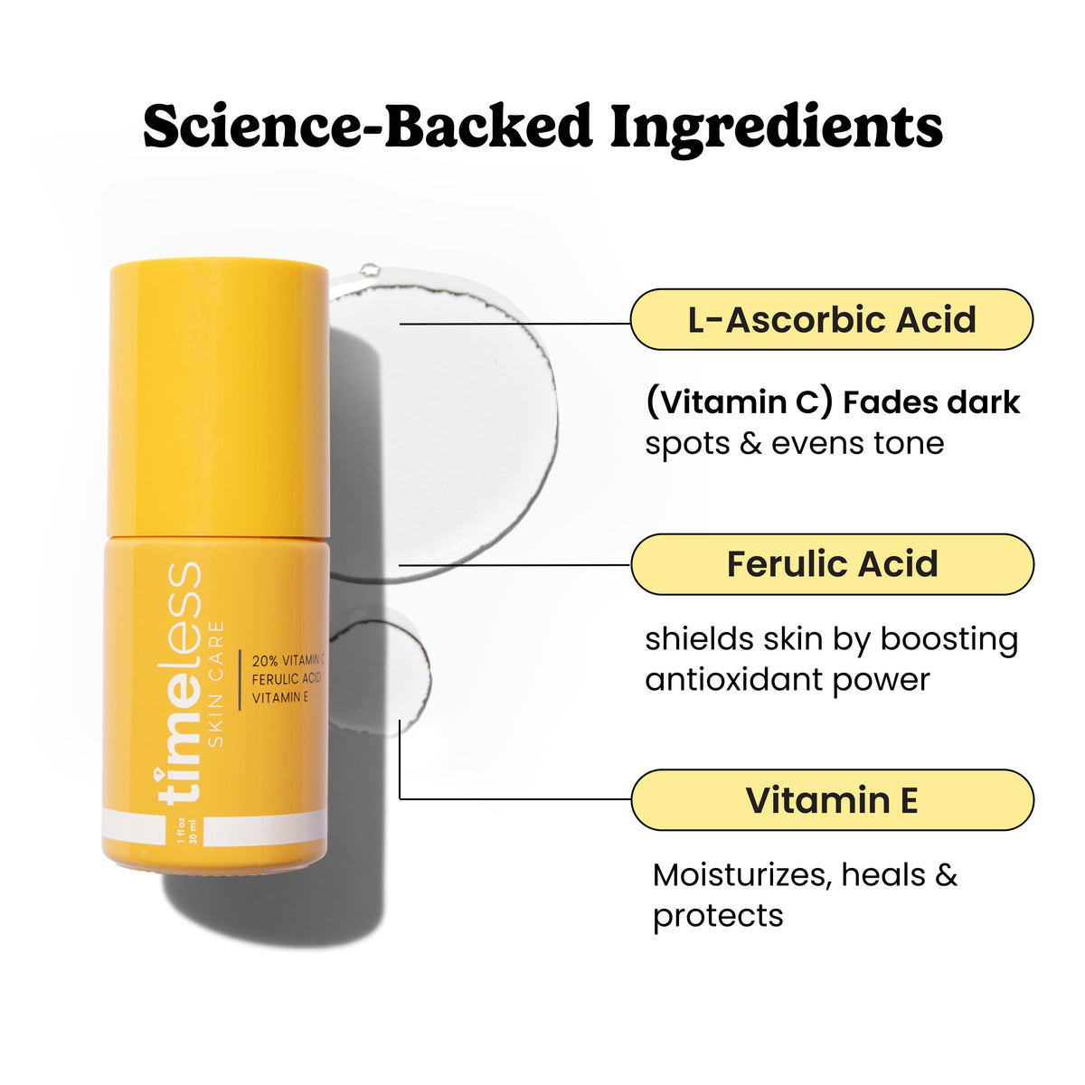Timeless Skin Care amber bottle close-up droplet highlighting stable packaging benefit