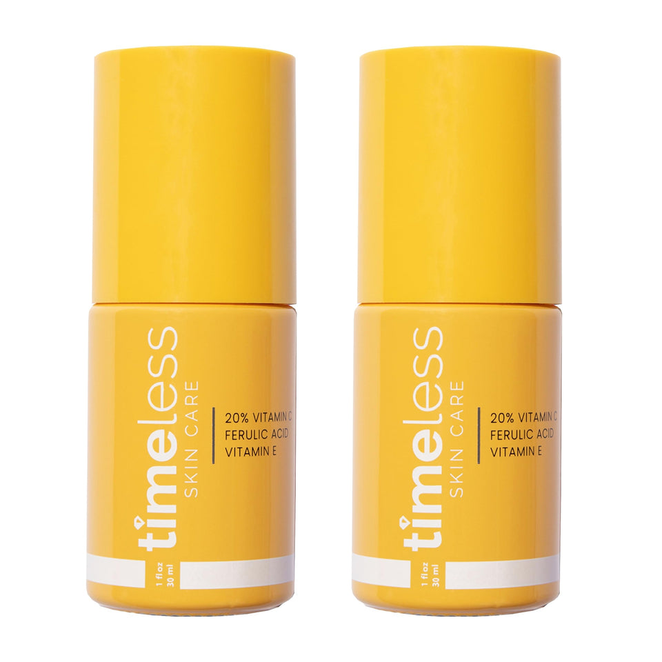 Timeless Skin Care front label showing pack of two bottles for clear purchase decision