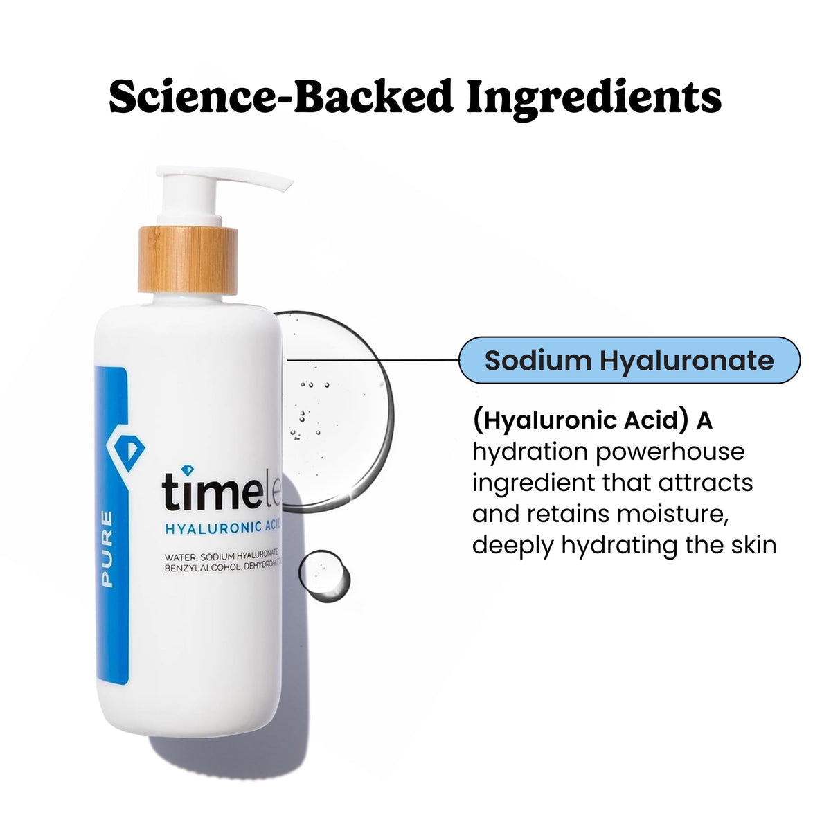 Timeless Skin Care dropper dispensing clear hyaluronic serum for precise dosing