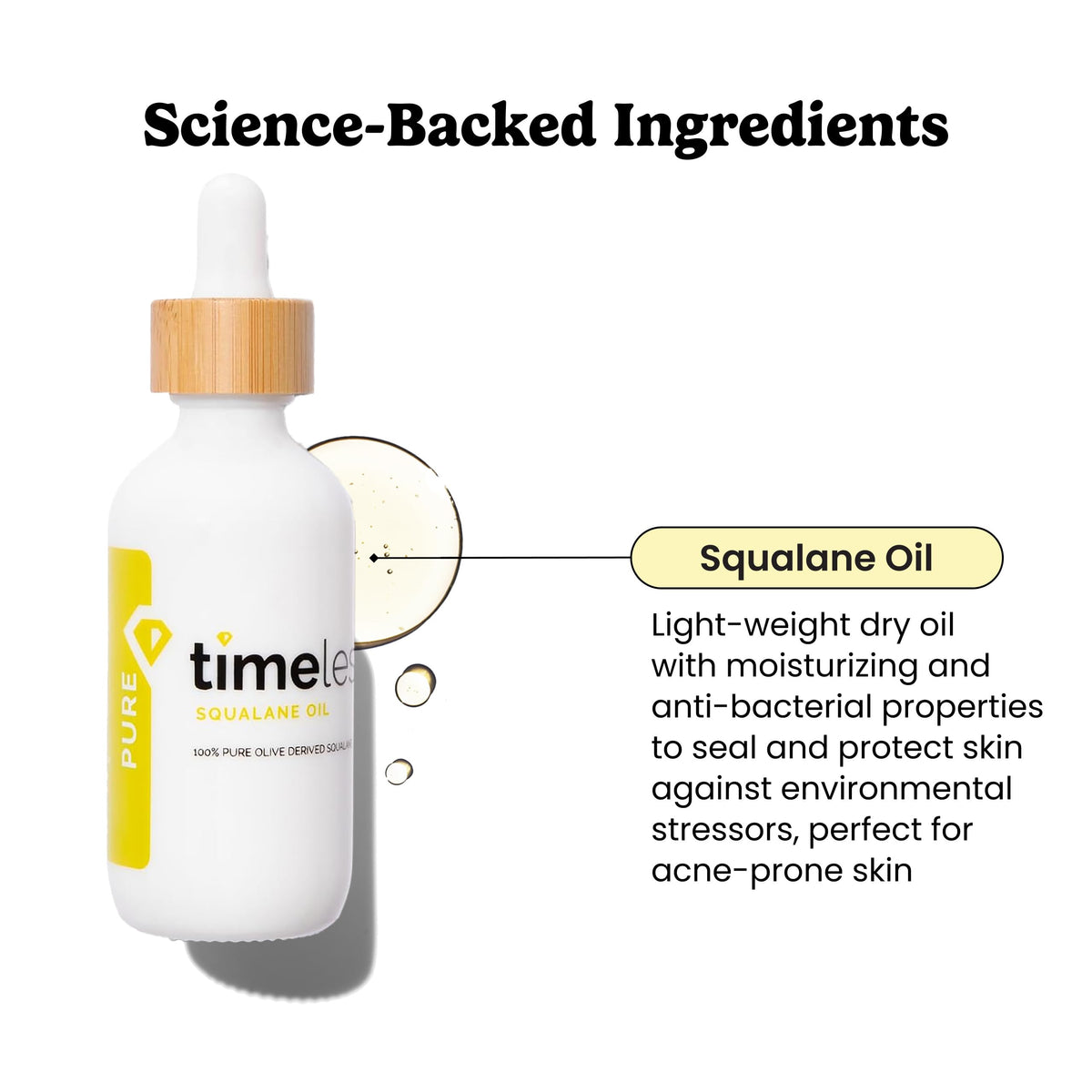 Timeless Skin Care dropper dispensing squalane oil, demonstrates precise easy dosing