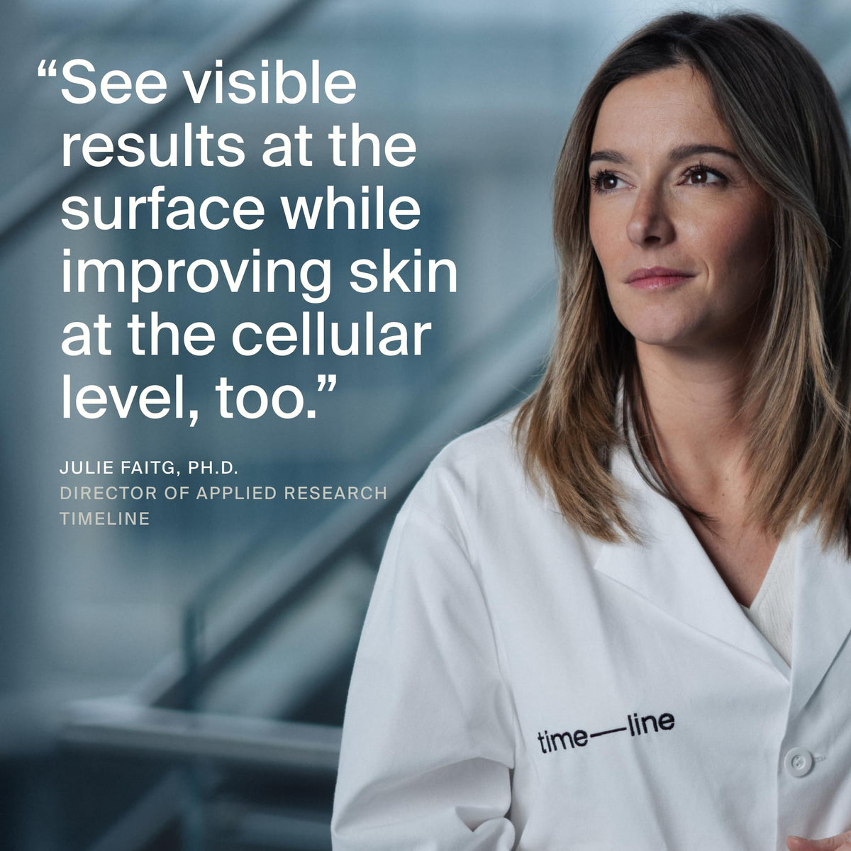 Timeline Mitopure research visual with lab backdrop, highlighting science‑based formulation credibility
