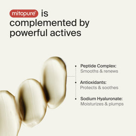 Timeline Mitopure size comparison with coin, indicating travel‑friendly .67 fl oz convenience