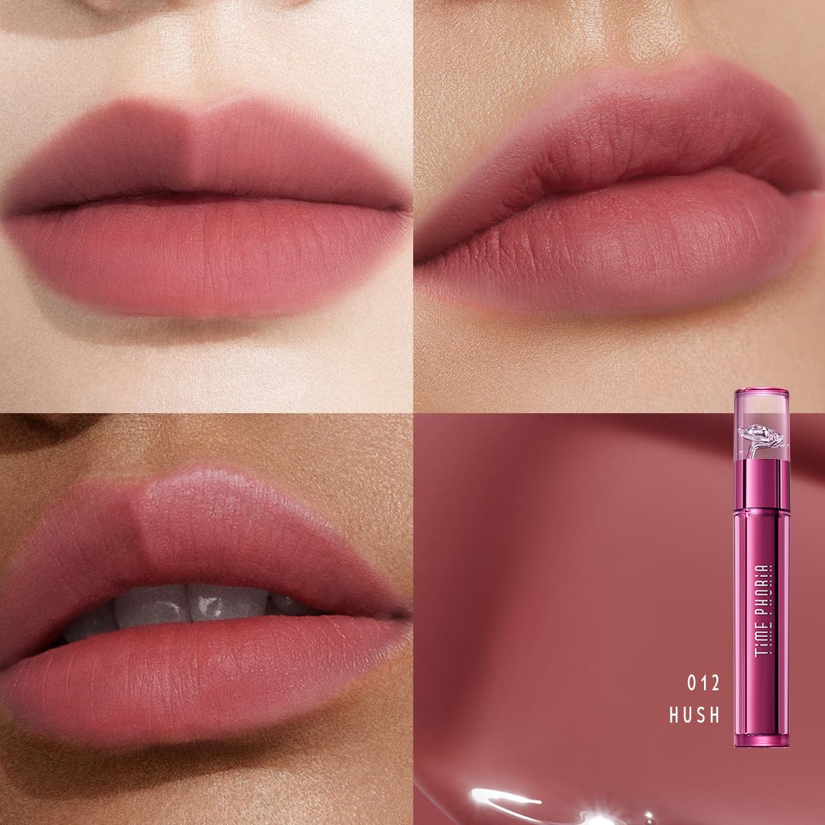 TIMEPHORIA application on lips illustrating glossy-to-matte transition and blurred lip lines