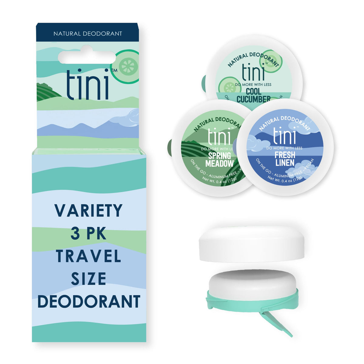 TINI travel trio front packaging showing three scents and compact benefits