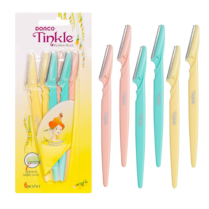 Tinkle front packaging showing six dermaplaning tools and benefits