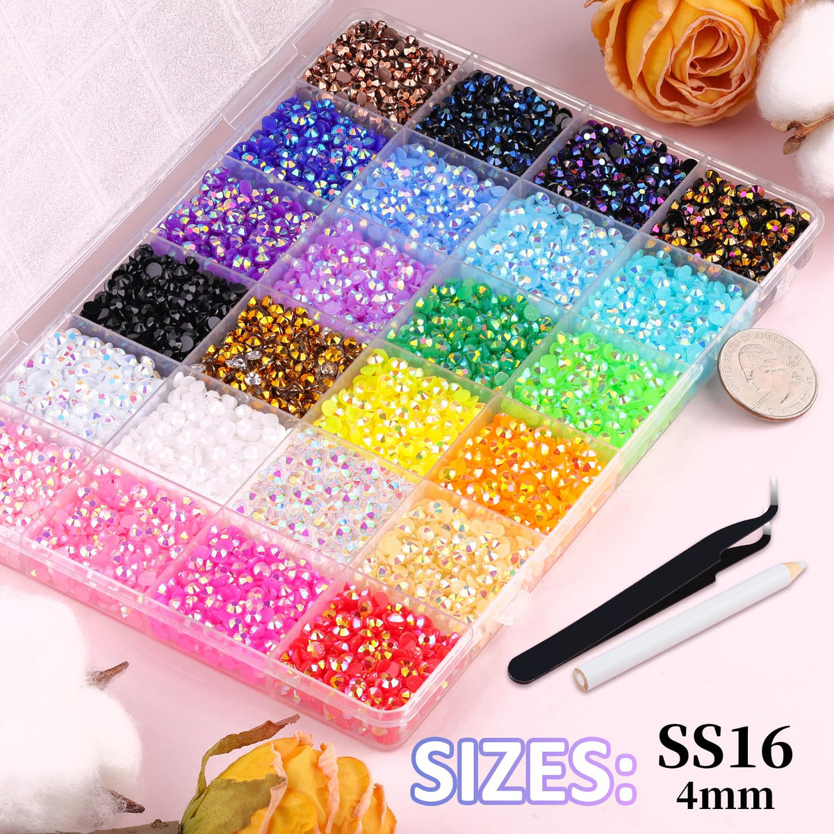 TINKRSTUFF 24-grid trays of mixed-color 4mm rhinestones for easy color selection