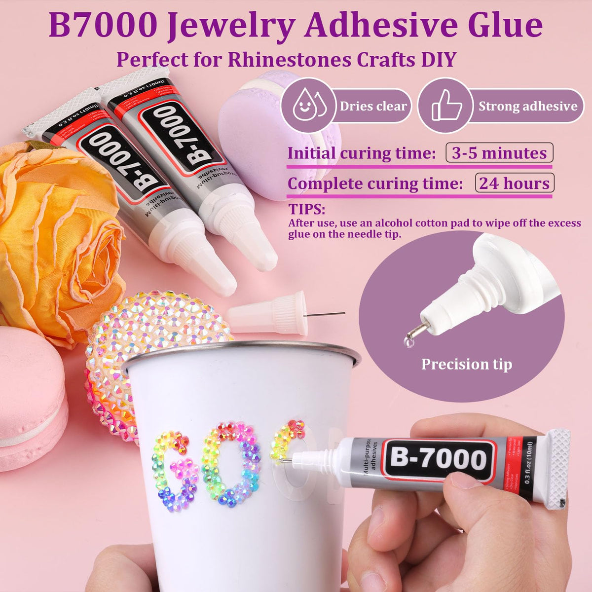 TINKRSTUFF B7000 glue tube with needle tip showing controlled application and clear-drying bond