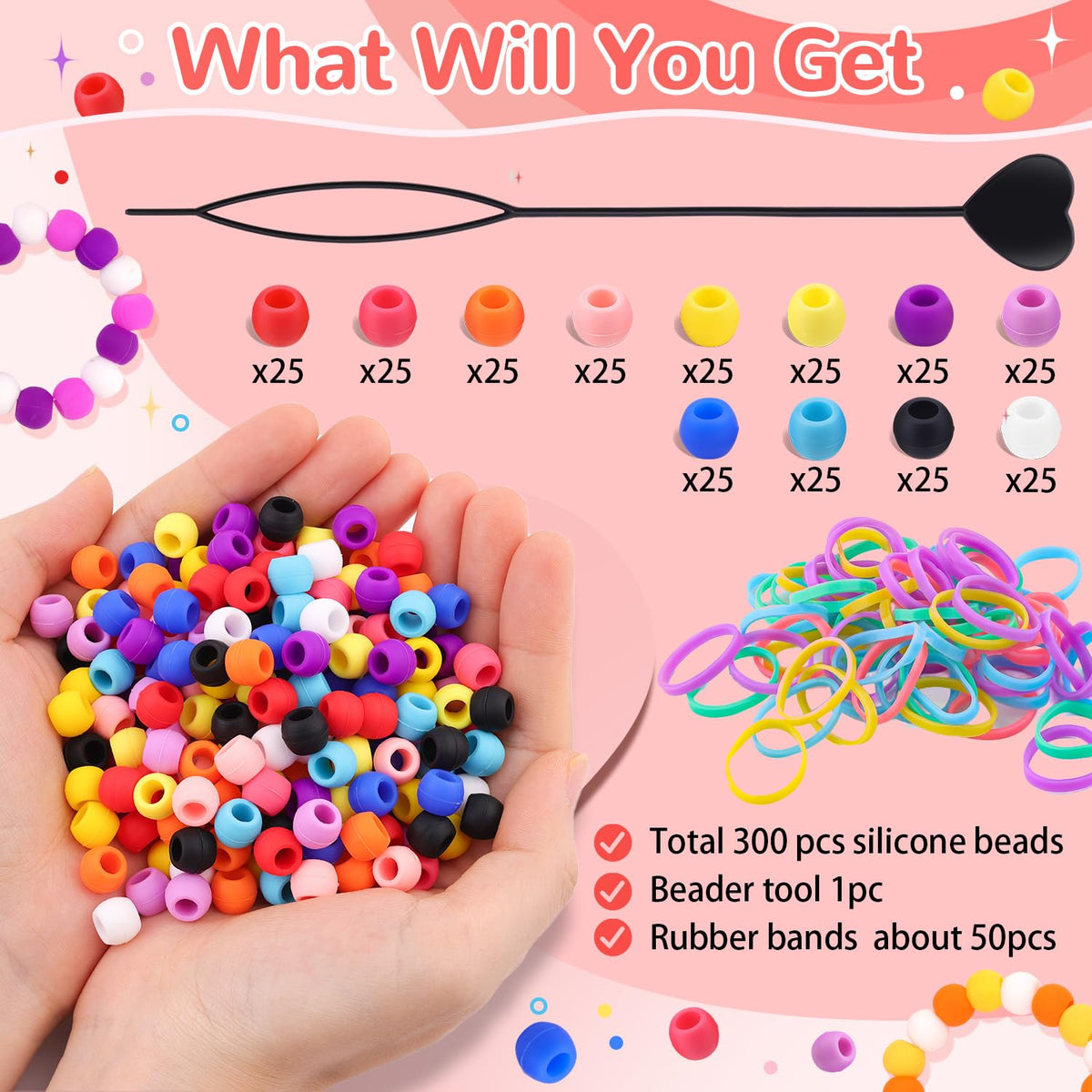 TINKRSTUFF beader tool and 50 elastic bands displayed for easy threading and securing