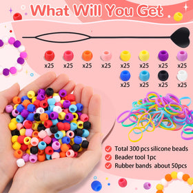 TINKRSTUFF beader tool and 50 elastic bands displayed for easy threading and securing