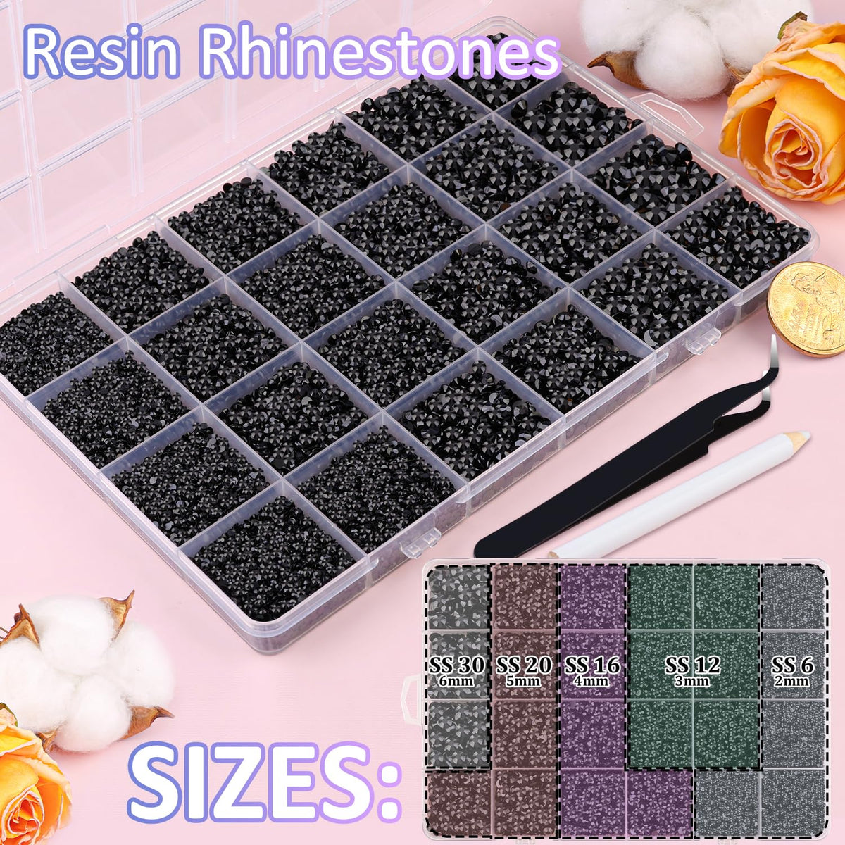 TINKRSTUFF organized compartments with mixed-size black gems for easy access