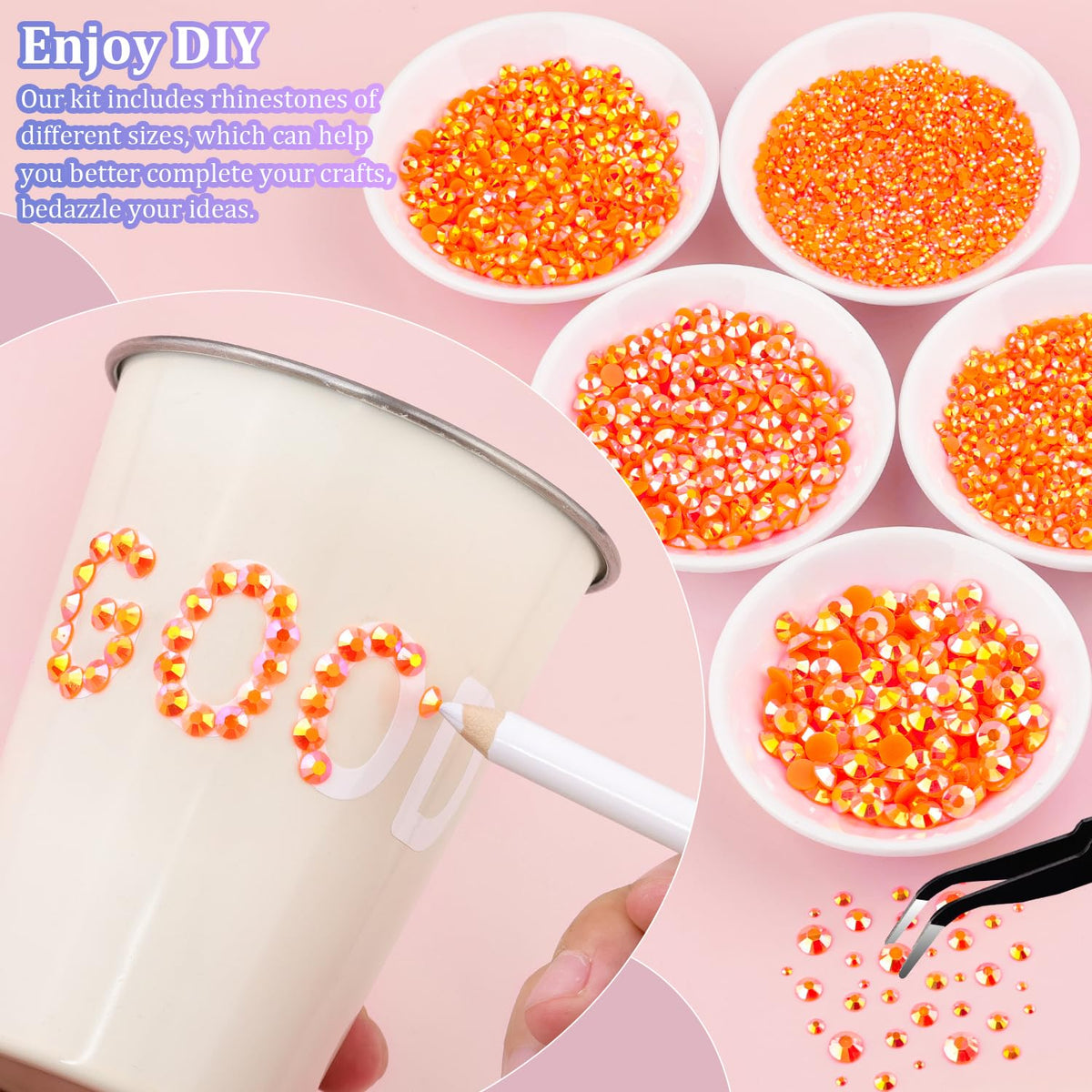 TINKRSTUFF close-up of Orange AB resin rhinestone texture showing bright sparkle