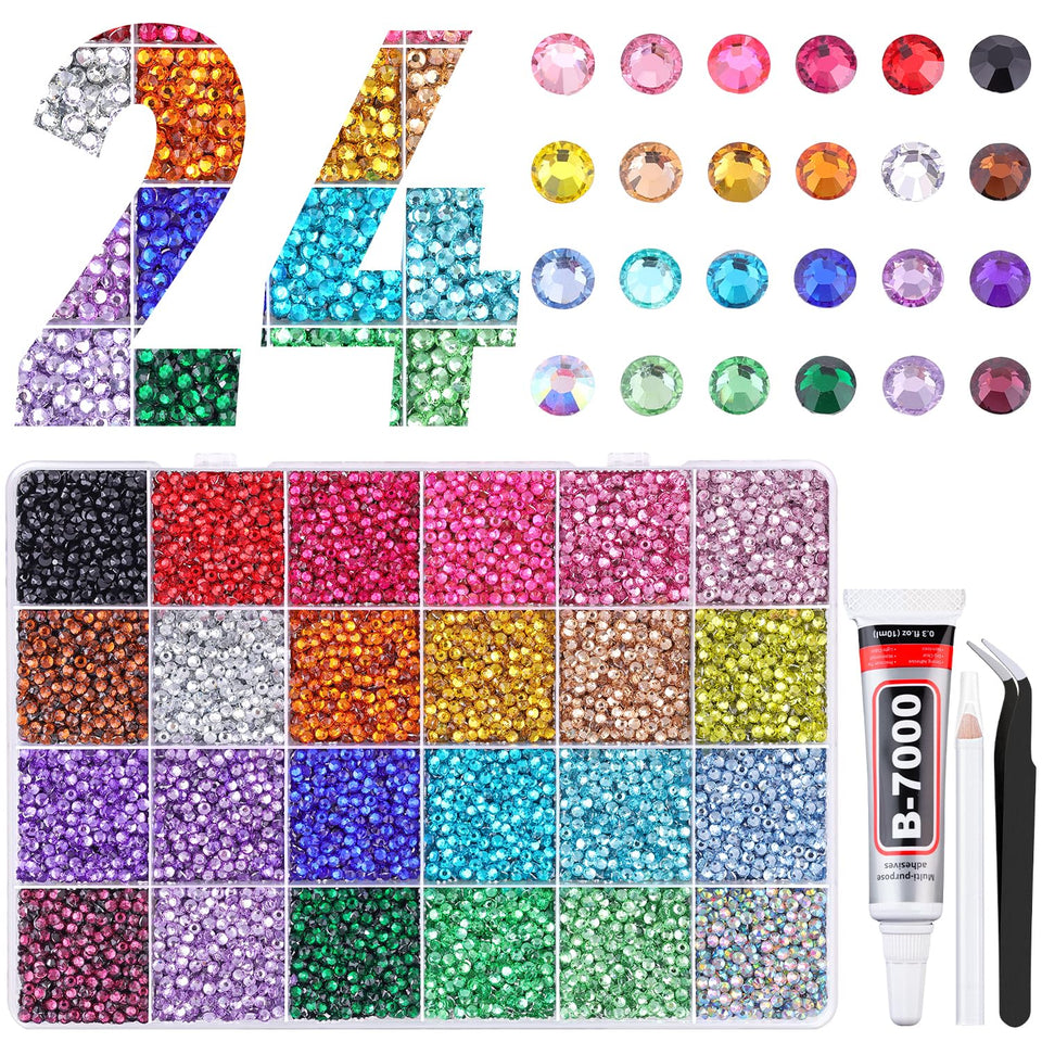 TINKRSTUFF front box display showcasing organized rhinestone grids and abundant supply