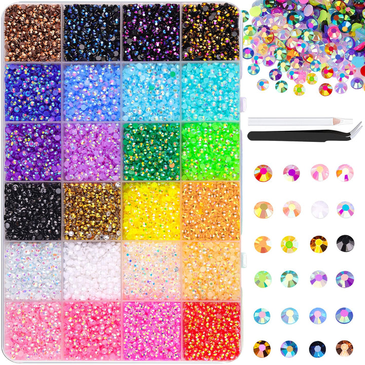 TINKRSTUFF front view of open 24-grid box showing colorful gems and included tools