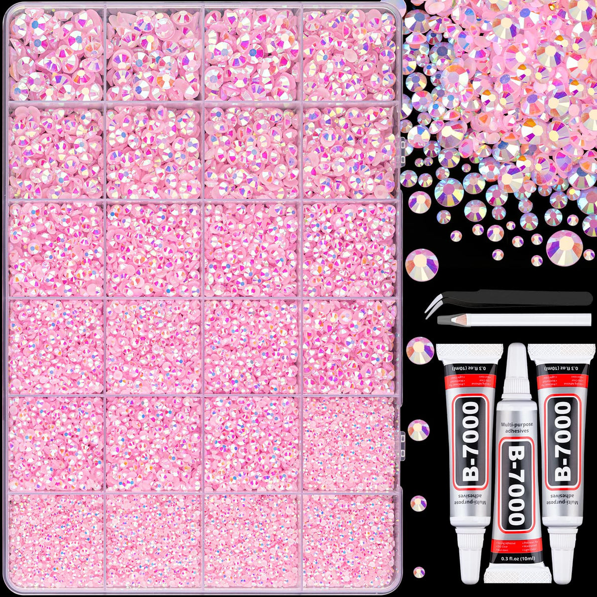 TINKRSTUFF front package open showing 24-grid organizer and gems, easy selection