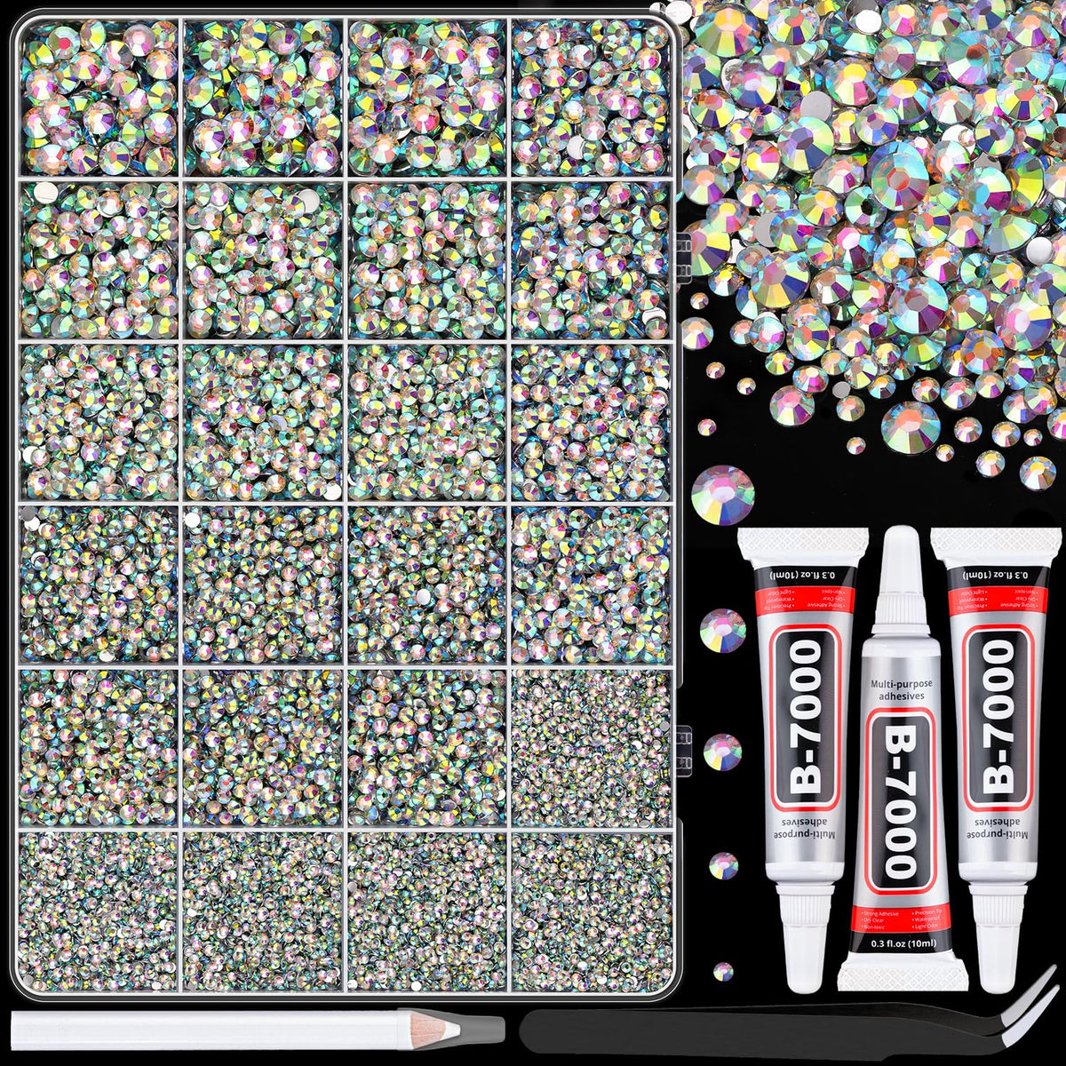TINKRSTUFF front packaging box showing 24-grid and tweezers, easy storage benefit