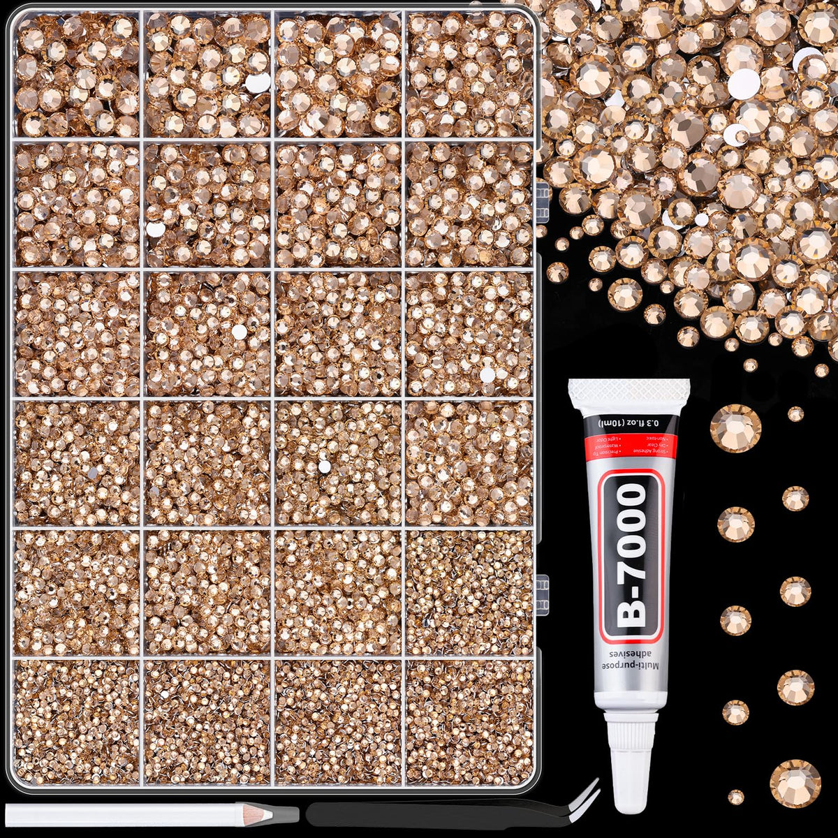 TINKRSTUFF front packaging showing champagne rhinestones and tools, ready to craft
