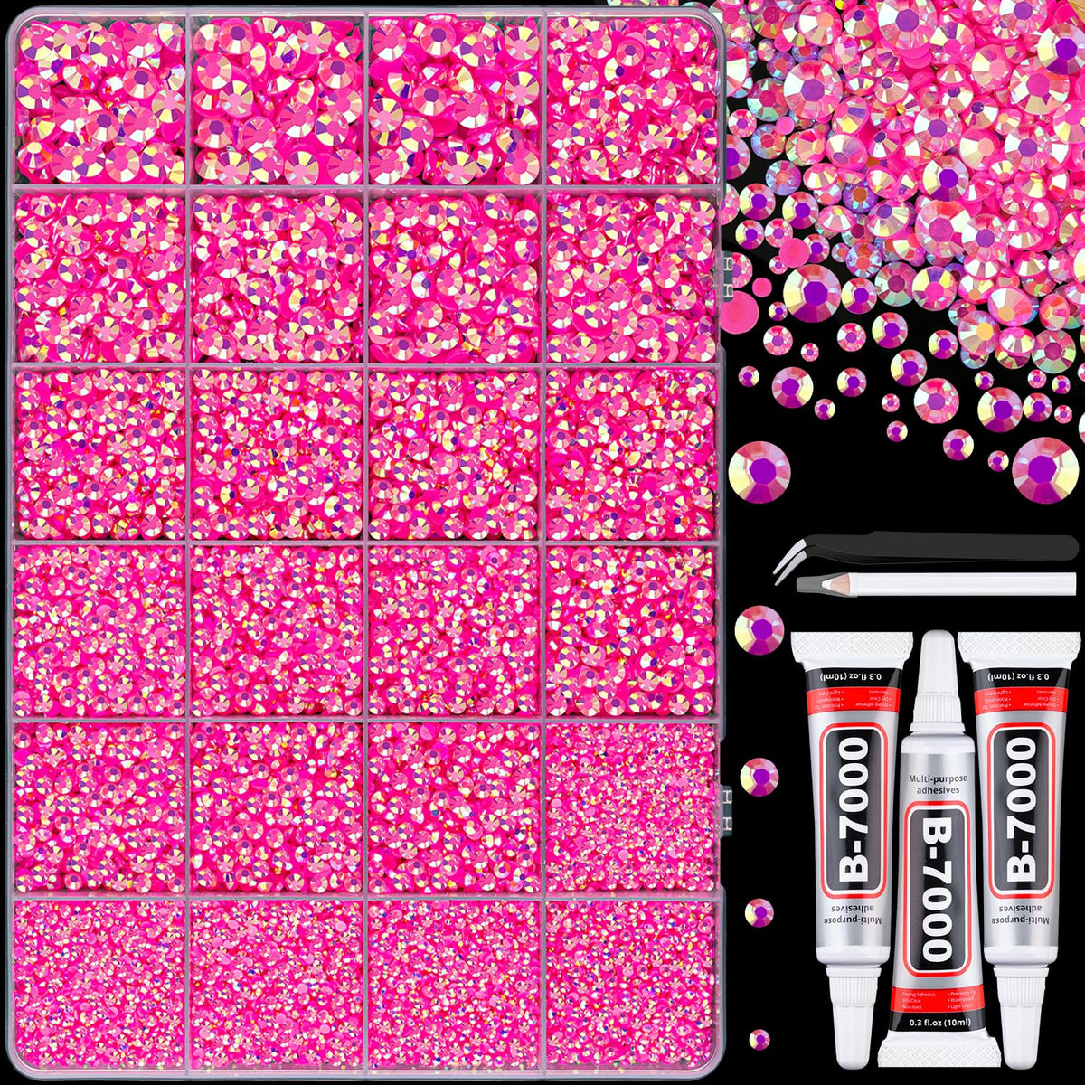 TINKRSTUFF front packaging showing 24-grid box and pink AB gems, ready to organize