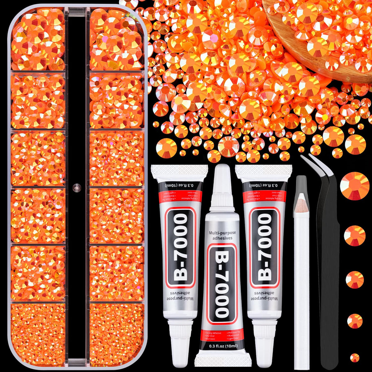 TINKRSTUFF front packaging showing orange AB rhinestone boxes and included glues, useful for craft starters