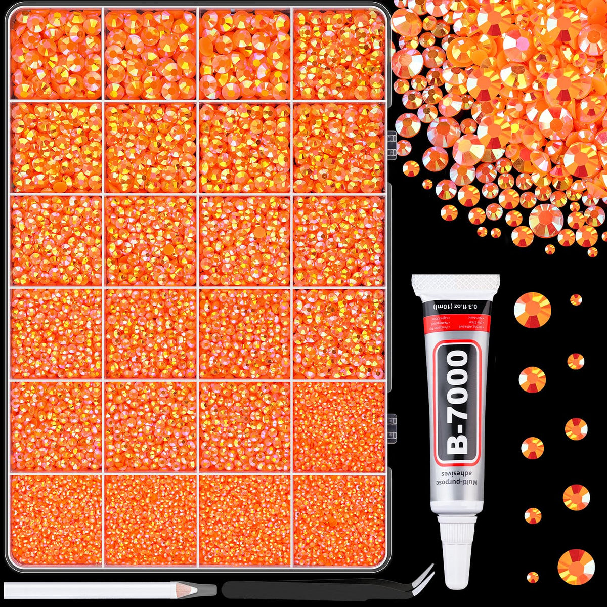 TINKRSTUFF front packaging showing Orange AB mixed-size rhinestones and included tools