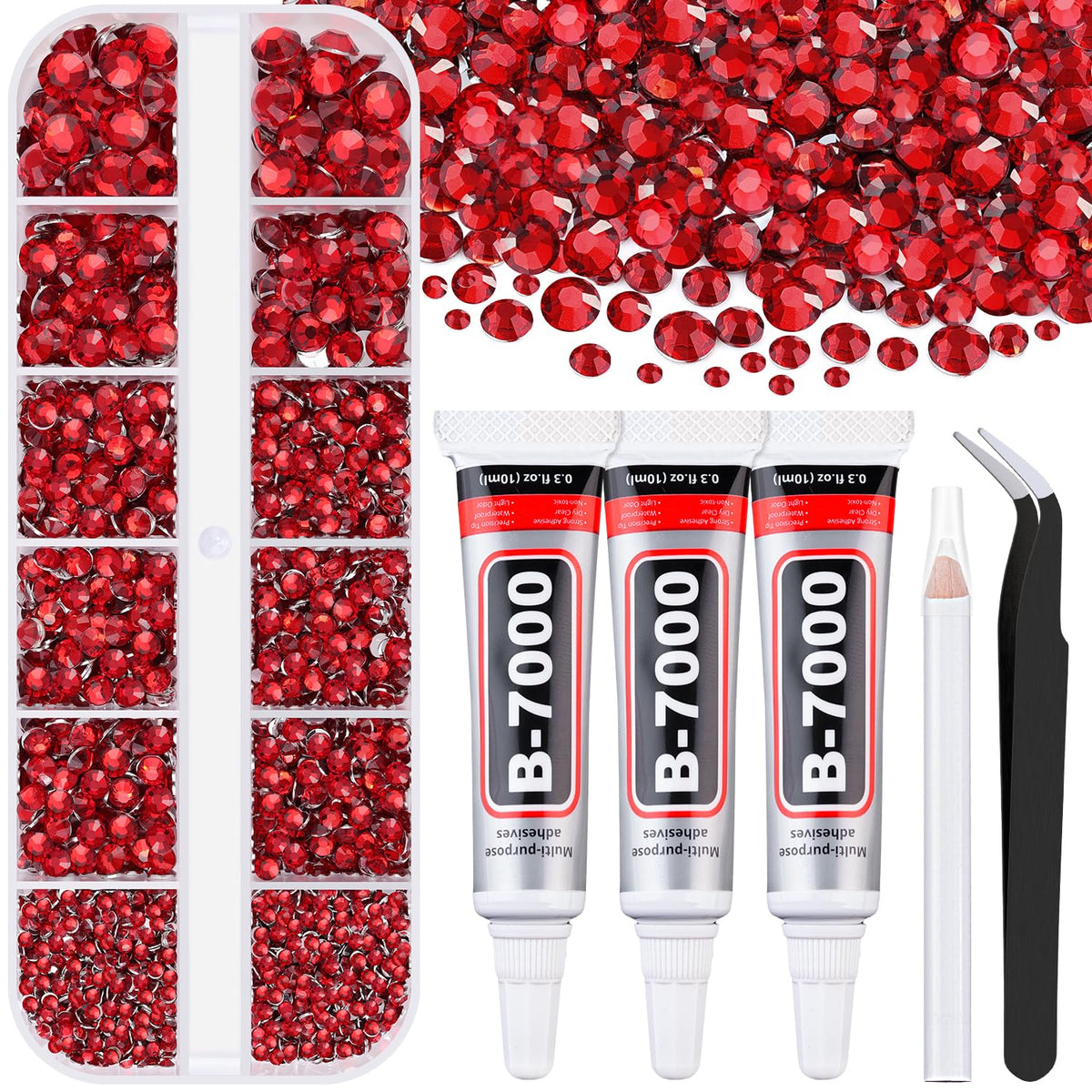 TINKRSTUFF front packaging showing organized red rhinestones and tools, easy storage