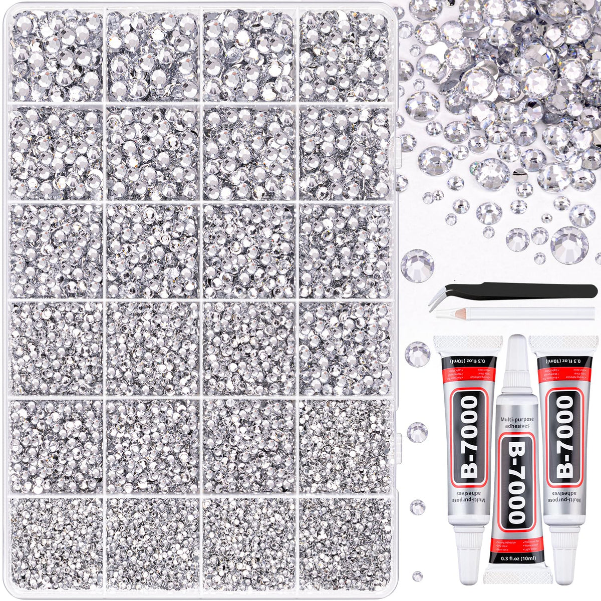 TINKRSTUFF front packaging showing 24-grid rhinestones kit and included tools for convenience