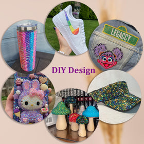 Decorated tumbler with TINKRSTUFF orange AB gems applied, showcasing finished sparkle and durability