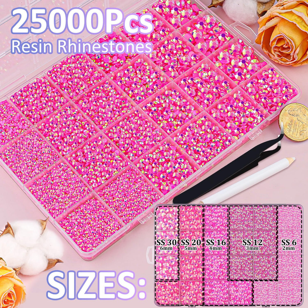 TINKRSTUFF open grid box revealing 2mm to 6mm sorted rhinestones for easy selection
