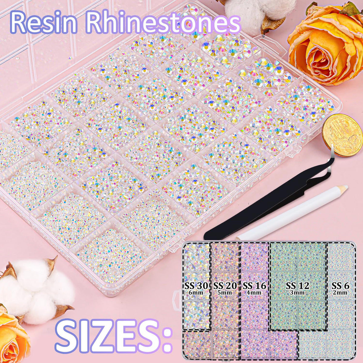 TINKRSTUFF close-up of mixed-size resin rhinestones demonstrating size variety benefit