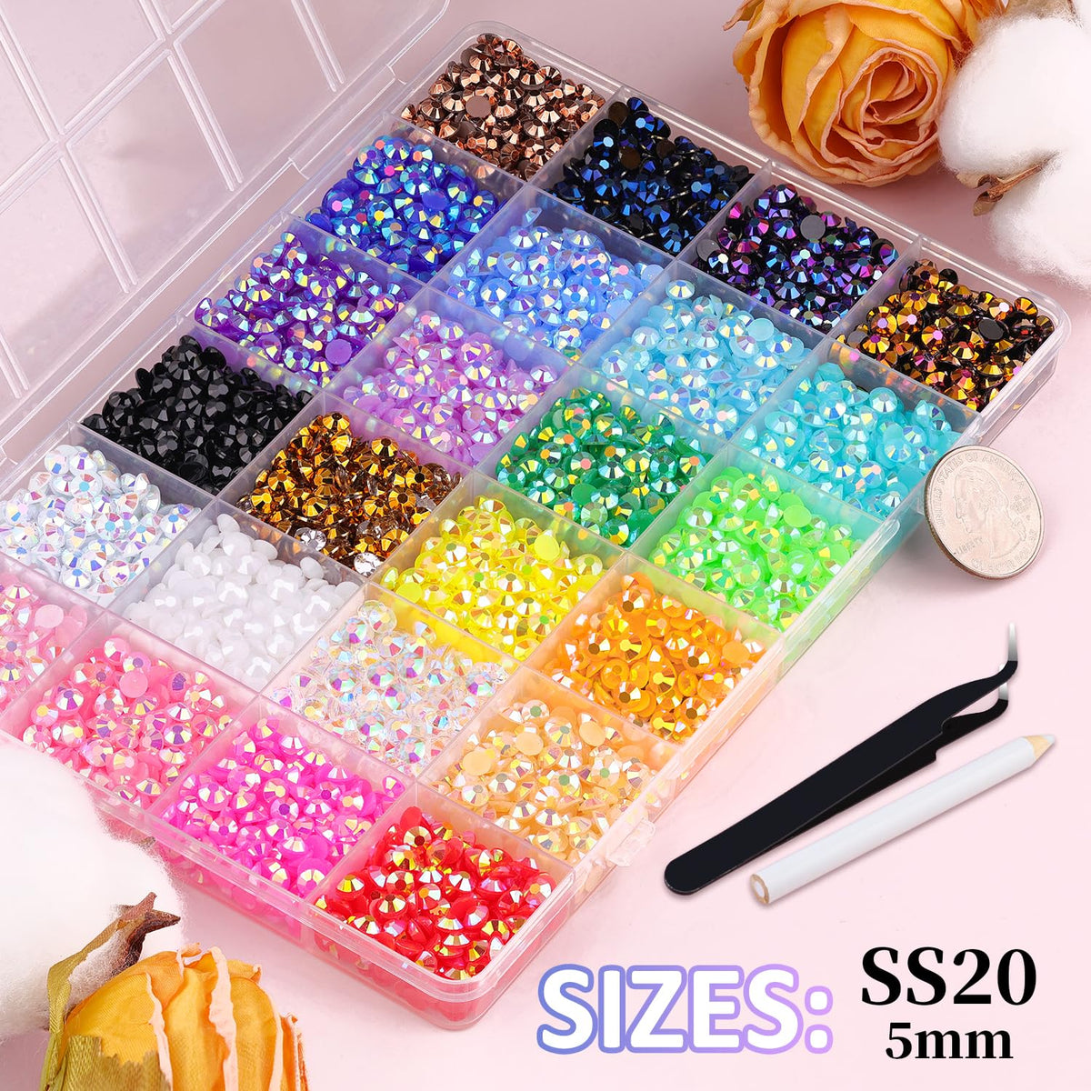 TINKRSTUFF open compartments displaying a colorful array of 5mm resin rhinestones for project selection