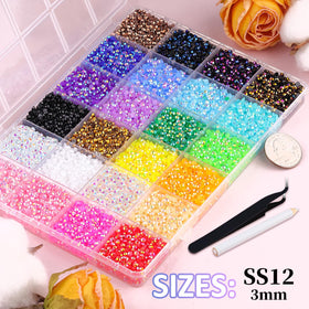 TINKRSTUFF open grid box revealing sorted multicolor 3mm rhinestones for effortless selection