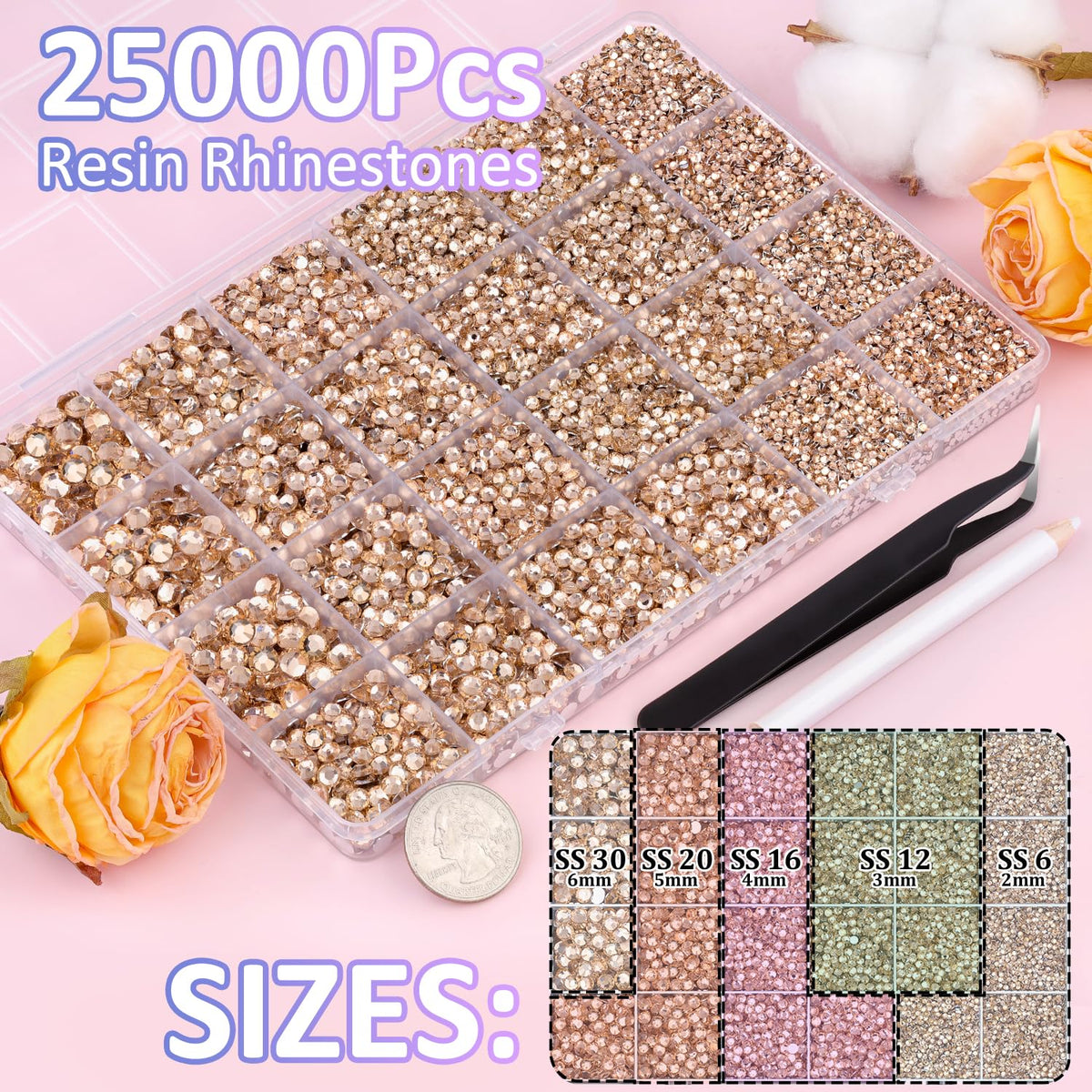 TINKRSTUFF organized 24-compartment grid with mixed-size champagne gems for easy access