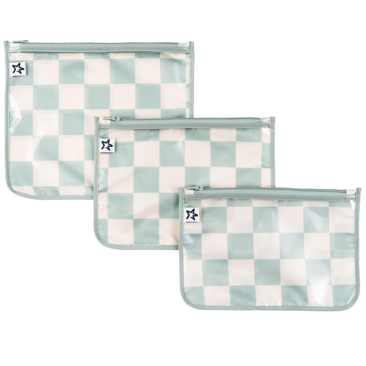 Tiny Twinkle front packaging showing sage checkers design and organized set benefit